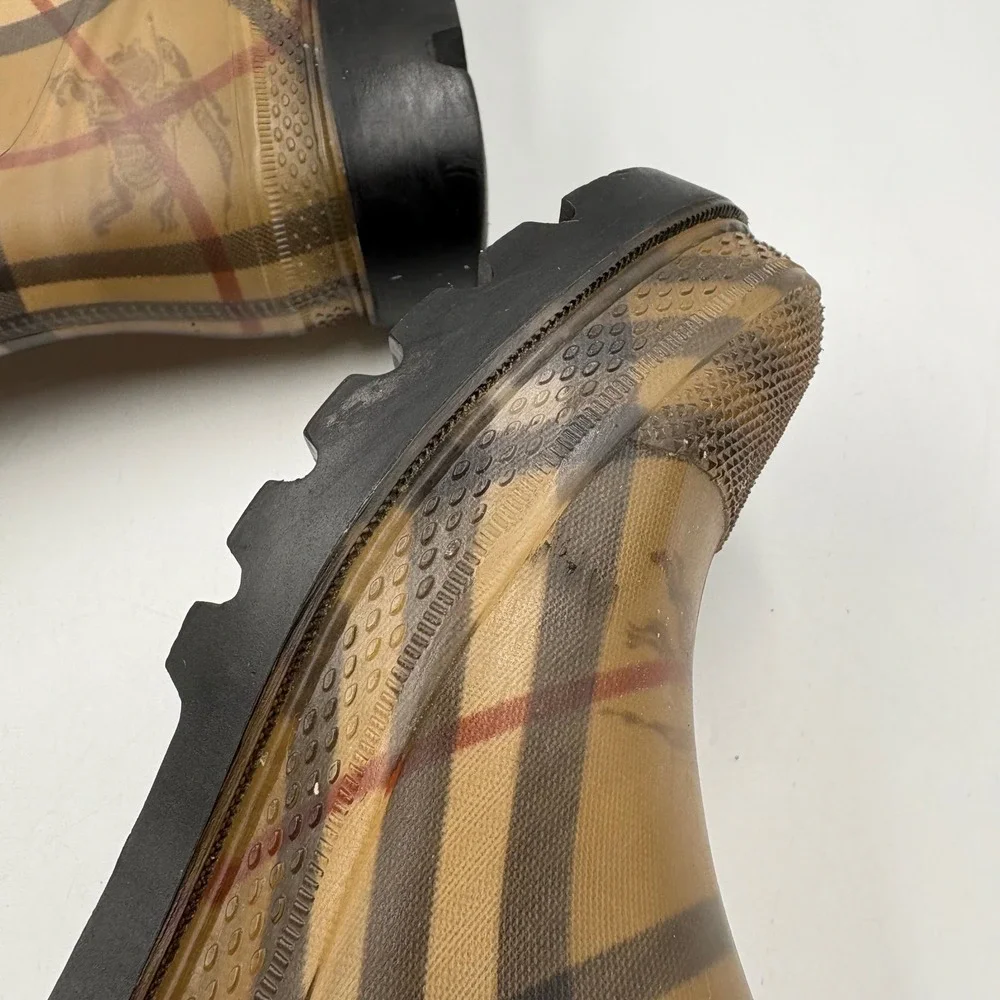 Burberry Rain Boots Women Size 38 Tan Nova Check Tall Haymarket Plaid